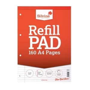 Image of Silvine A4 Refill Pad Headbound Perforated Punched 75gsm Feint Ruled Margin 160 Pages Pack of 6