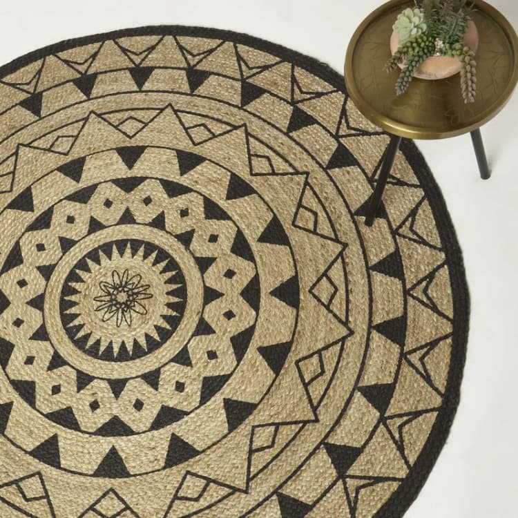 Image of Homescapes Natural & Black Mandala Braided Jute Rug Size: 150cm diameter Natural Unisex 150cm diameter