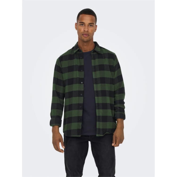 Image of Only and Sons Long Sleeve Check Shirt - Green Green 2XL