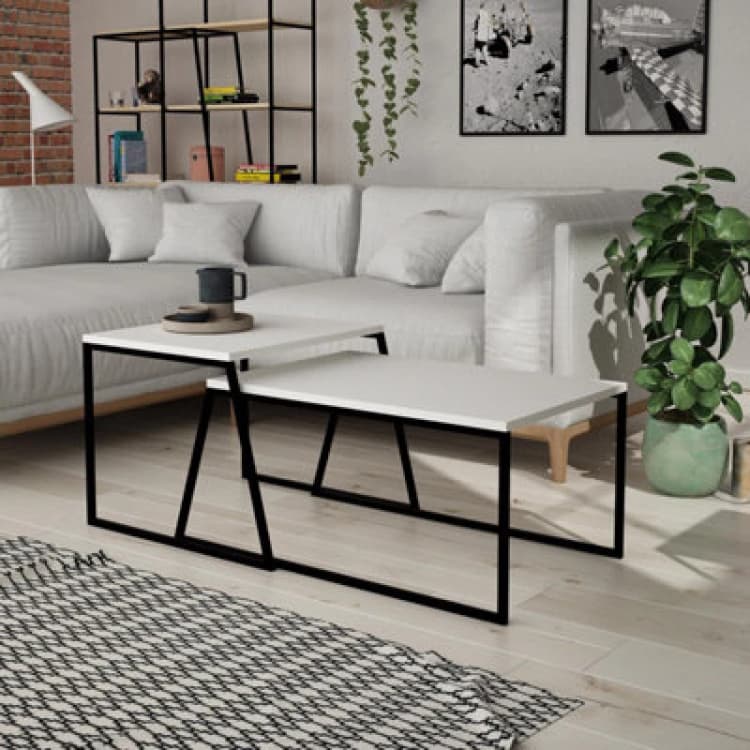 Image of FWStyle White Painted Finish Set Of 2 Nesting Coffee Tables Scratch Resistant White