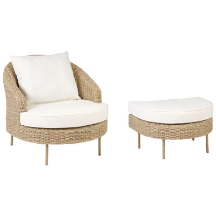 Image of Beliani Garden Armchair With Ottoman Arcille Pe Rattan Natural