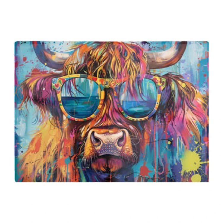 Image of Warren Reed Designer Splashart Highland Cow With Glasses Chopping Board