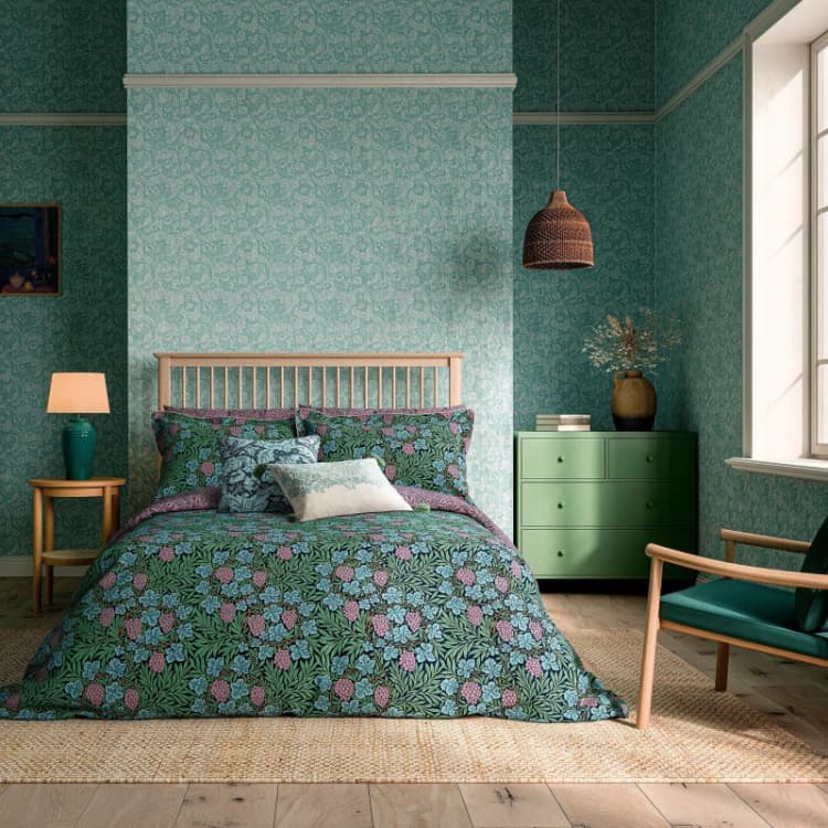 Image of Morris and Co Vine Teal & Lilac Duvet Cover Set - Multi Multi Single