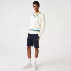 Image of Mens Lacoste Colour-block Brushed Fleece Shorts Size 8 - 3XL Navy Blue / Yellow
