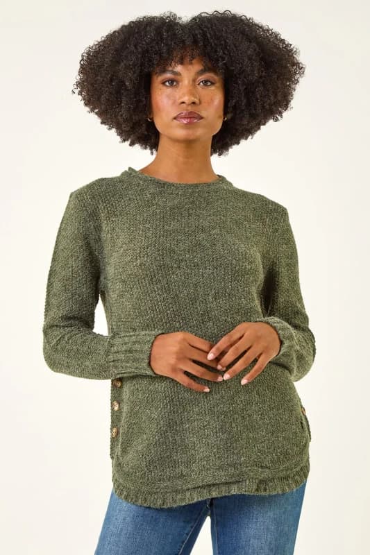 Image of Roman Button Detail Curved Hem Jumper Khaki