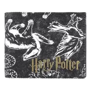 Image of HARRY POTTER Wizards Unite Logo and Hogwarts Houses Symbols All-Over Print Bi-fold Wallet, Male, Black (MW566828HPT)