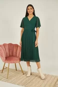 Image of Green Pleated Wrap Over Dress