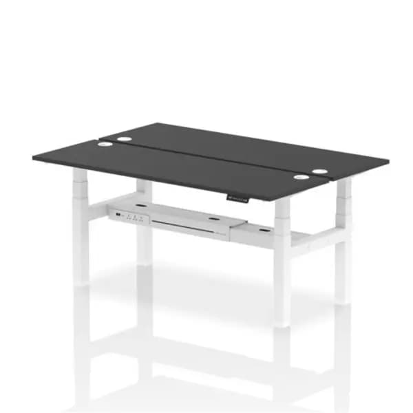 Image of Air Air Back-to-Back 1800 x 600mm Height Adjustable 2 Person Bench Desk Black Top with Cable Ports White Frame HASCP2P18600BLKW
