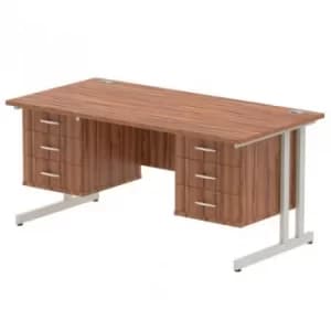 Image of Impulse 1600 Rectangle Silver Cant Leg Desk WALNUT 2 x 3 Drawer Fixed Ped