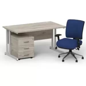 Image of Impulse 1400 x 800 Silver Cant Office Desk Grey Oak + 3 Dr Mobile Ped & Chiro Med Back Blue W/Arms