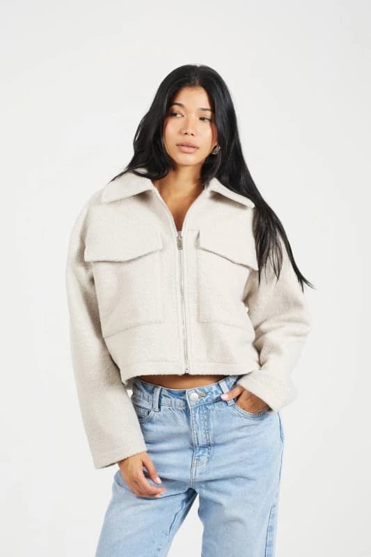 Image of Brave Soul Womens Boucle Faux Wool Jacket in Light Grey Size: 10 Light Grey Female 10