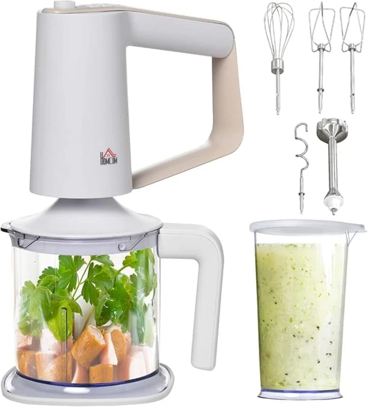 Image of HOMCOM Five-In-One Hand Mixer 500W Electric Whisk Five Speed w/ Stainless Steel Dough Hook Beater Blender Chopper for Kitchen Baking - White