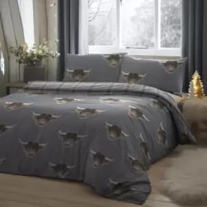 Image of Fusion Highland Cow Grey Reversible Duvet Cover and Pillowcase Set Light Grey