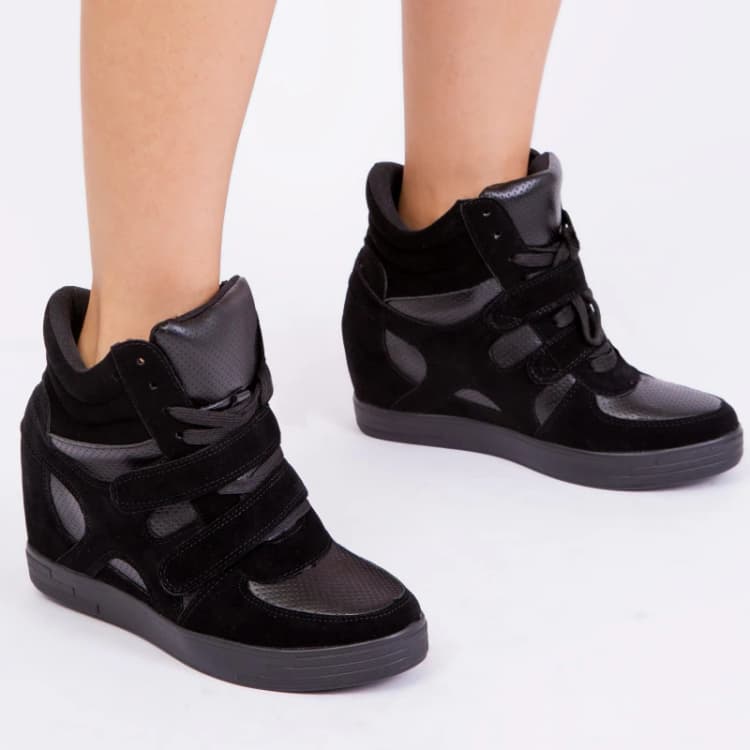 Image of Where's That From 'Hitop' Wedge Trainers With A Front Lace Up Black