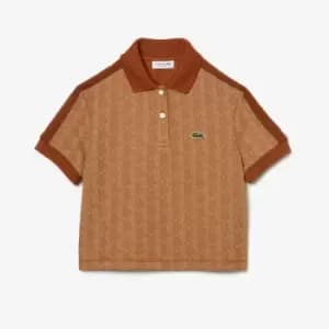 Image of Lacoste Womens Regular Fit Contrast Collar Monogram Print Polo Shirt Size 10 Beige / Brown