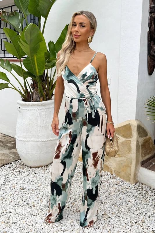 Image of AX Paris Womens Multi Smudge Print Strappy Cowl Neck Jumpsuit Size: 16 Multicolor Female 16