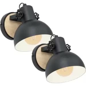 Image of 2 PACK LED Wall Light / Sconce Black & Wood Round Adjustable Shade 10W E27