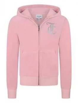 Image of Juicy Couture Girls Luxe Velour Diamante Zip Through Hoodie - Pink, Size Age: 9-10 Years, Women