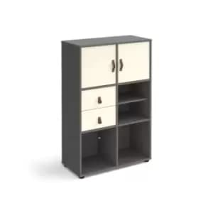 Image of Universal cube storage unit 1295mm high on glides with matching shelf, 2 cupboards and drawers - grey with white inserts
