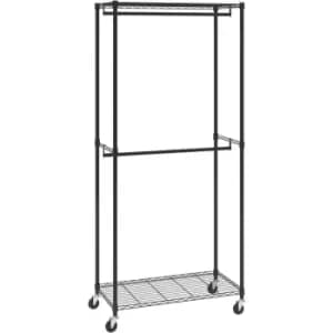 Image of VEVOR Heavy Duty Clothes Rack, Double Hanging Rods Clothing Garment Rack with Bottom and Top Storage Tier, Rolling Clothing Rack for Hanging Clothes,
