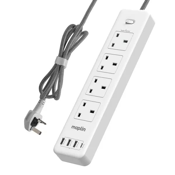 Image of Maplin Maplin 2m 4-Socket UK Power Switch Extension Lead with 3x USB-A / 1x USB-C Ports SL-804KD-3A1C