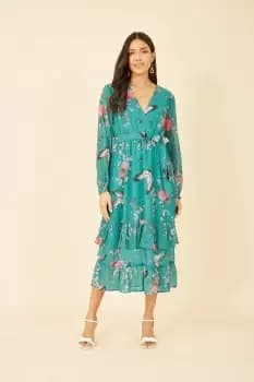 Image of Green Crane Print Long Sleeve Wrap Midi Dress