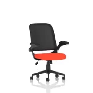 Image of Crew Task Operator Bespoke Fabric Seat Tabasco Orange Mesh Chair With Folding Arms