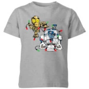Image of Star Wars Tangled Fairy Lights Droids Kids Christmas T-Shirt - Grey - 11-12 Years