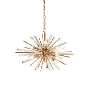Image of Large Antique Brass Ceiling Pendant Light - 6 Bulb Hanging Fitting - Prism Glass