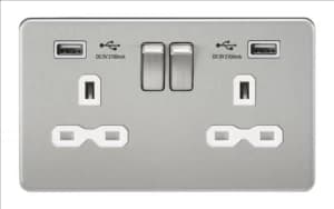 Image of KnightsBridge 13A 2G Screwless Brushed Chrome 2G Switched Socket with Dual 5V USB Charger Ports - White Insert