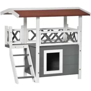 Image of PawHut Luxury Deluxe Wooden Cat Kitten House w/ Room Balcony Ladder Roof White