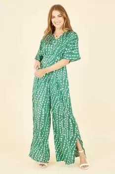 Image of Green Abstract Print Kimono Sleeve Jumpsuit