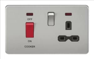 Image of KnightsBridge 2G 45A DP 230V Screwless Brushed Chrome Switch With Neon and Socket - Black Insert