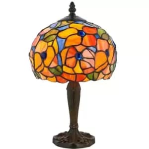 Image of Tiffany Glass Table Lamp Light Dark Bronze & Multi Colour Floral Shade i00212