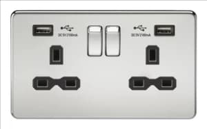 Image of KnightsBridge 13A 2G Screwless Polished Chrome 2G Switched Socket with Dual 5V USB Charger Ports - Black Insert