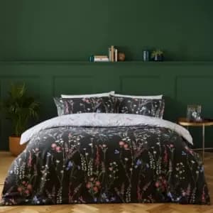 Image of Floral Trail Botanical Print Reversible Duvet Cover Set, Black, Single - Furn