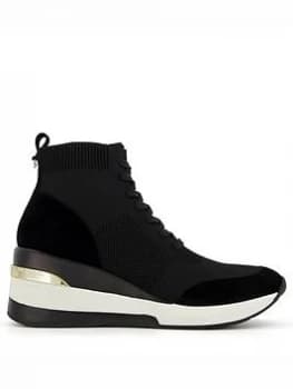 Image of Dune London Enlicia Lace Up Flyknit Wedge Trainer - Black, Size 5, Women