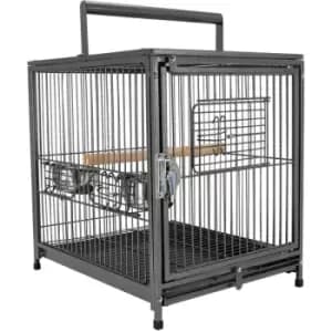 Image of Metal Parrot Cage Bird Carrier Travel Wooden Perch Cup Holder Handle - Black - Pawhut