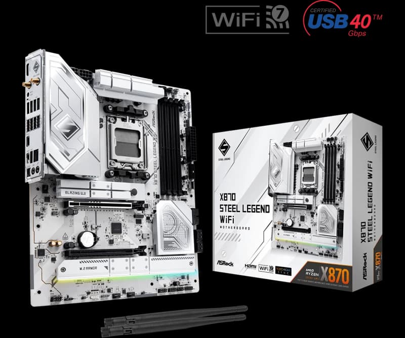 Image of ASRock X870 Steel Legend WiFi AMD Ryzen DDR5 WIFI 7 White Motherboard - Socket AM5 - 90-MXBPJ0-A0UAYZ