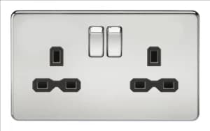 Image of KnightsBridge 13A 2G DP Screwless Polished Chrome 230V UK 3 Pin Switched Electric Wall Socket - Black Insert