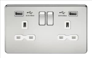 Image of KnightsBridge 13A 2G Screwless Polished Chrome 2G Switched Socket with Dual 5V USB Charger Ports - White Insert