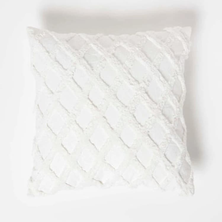 Image of Homescapes Geometric Diamond White Tufted Cotton Cushion 45 X 45 Cm