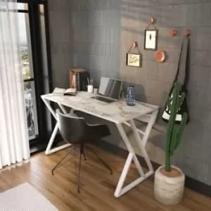 Image of Gyza Modern Metal Frame Computer Desk ,Writing Desk With Metal Legs- White Marble Pattern And White - Decorotika