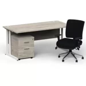Image of Impulse 1600/800 White Cant Desk Grey Oak + 2 Dr Mobile Ped & Chiro Med Back Black W/Arms