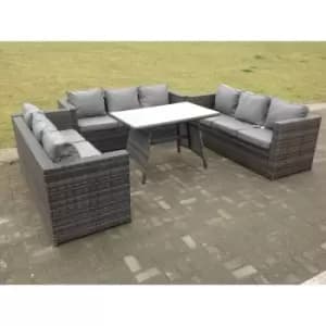 Image of Fimous 9 Seater Outdoor Rattan Lounge Sofa Complete Set with Oblong Dining Table