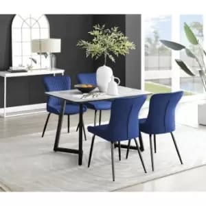 Image of Furniturebox Carson White Marble Effect Recatngular 120cm Dining Table & 4 Blue Nora Black Leg Velvet Chairs