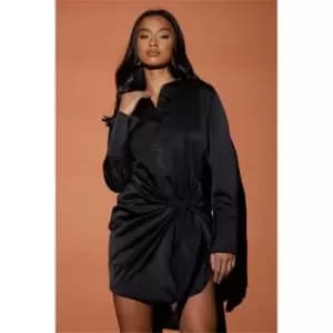 Image of I Saw It First Black Petite Satin Tie Detail Shirt Dress - Black
