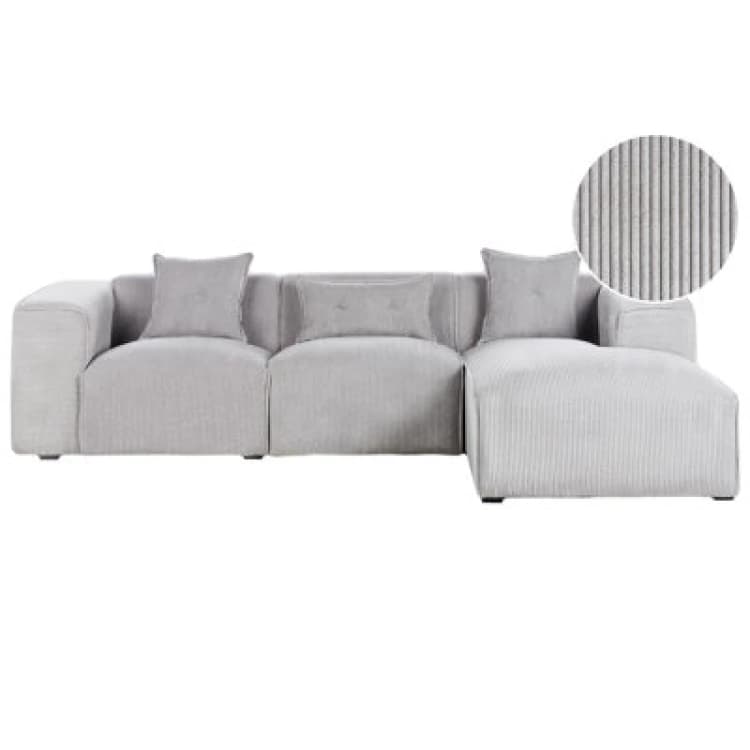 Image of Beliani Corner Sofa 3 Seater Dolva Corduroy Light Grey Left Hand