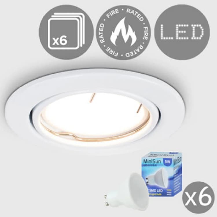 Image of ValueLights Downlight Tiltable Ceiling Light Fitting 6 Pack With Warm White Bulbs White