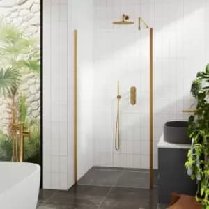 Image of Outer Framed Brushed Brass Wetroom Screen with Support Bar 1000mm w x 1950mm h - 8mm Glass - Hudson Reed